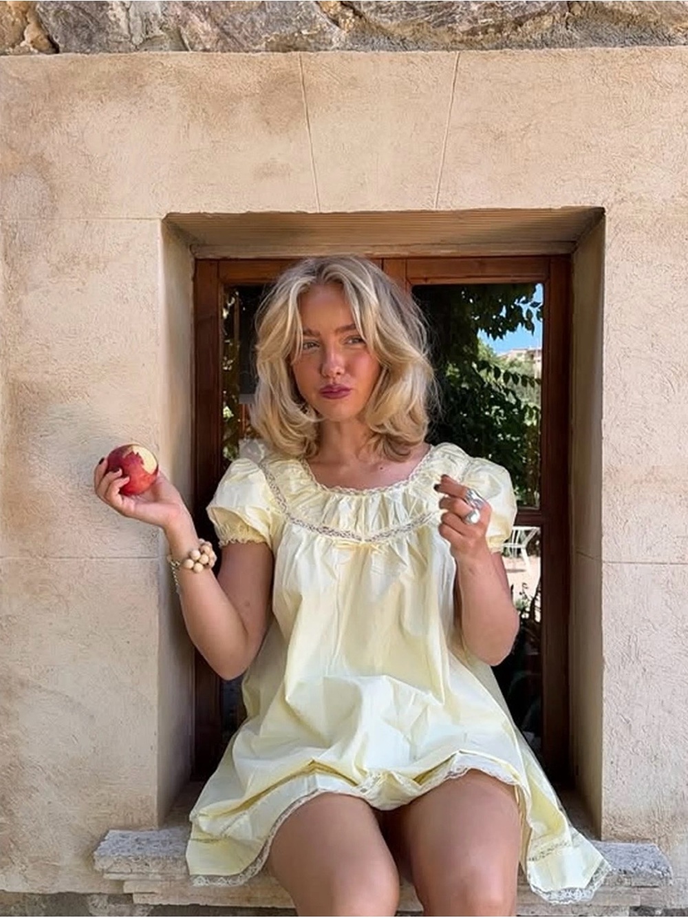 Cider Soft Yellow Puff Sleeve Shift Dress